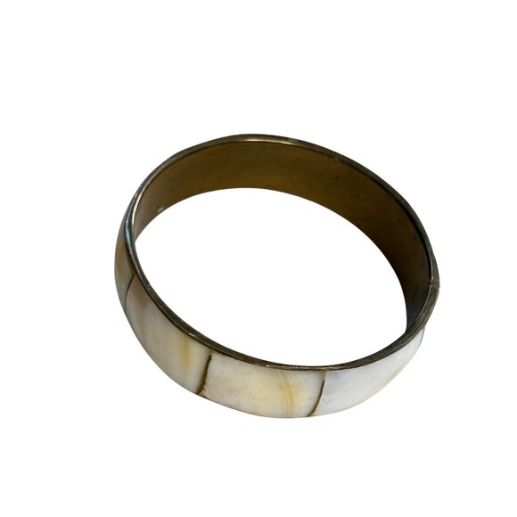 Vintage Brass & Mother-Of-Pearl Bangle Bracelet - Picture 1 of 7